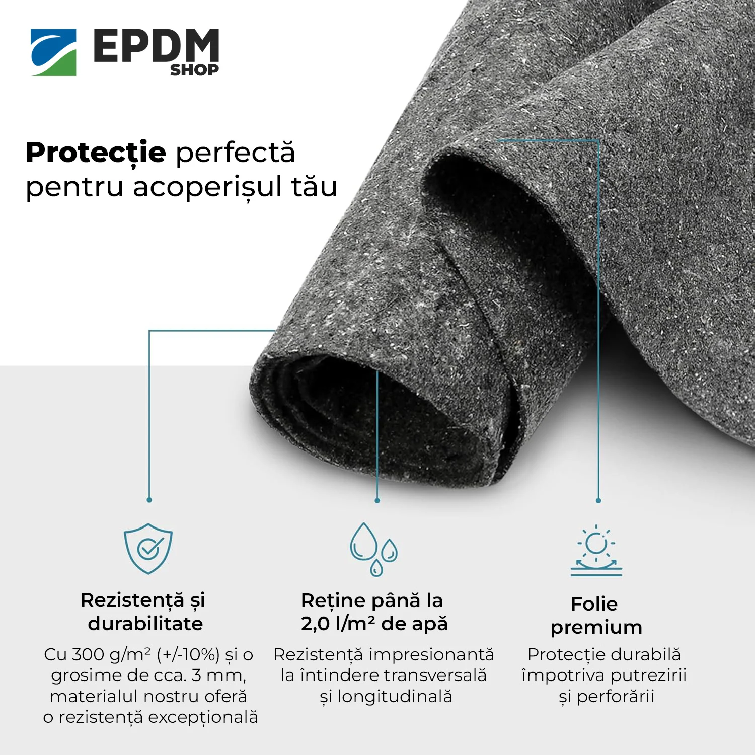 Geotextil 300g/mp rolă 6x145m pentru protecție mecanică membrane EPDM, drenaj și separare straturi acoperiș